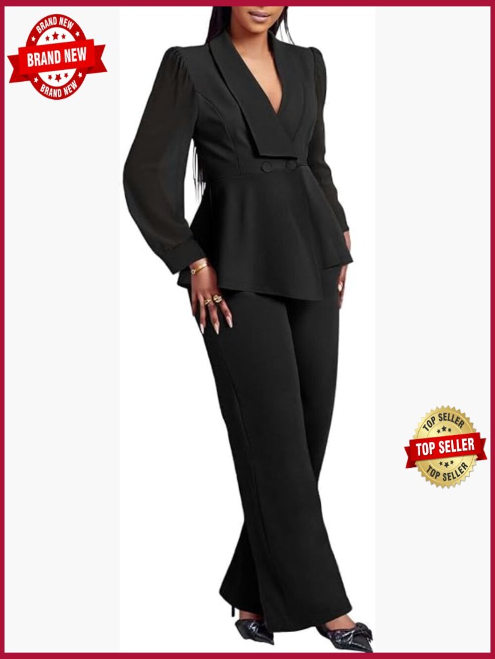 Sheer Mesh Ruffle Blazer Wide Leg Pantsuit Set 2 Piece Pants Suit